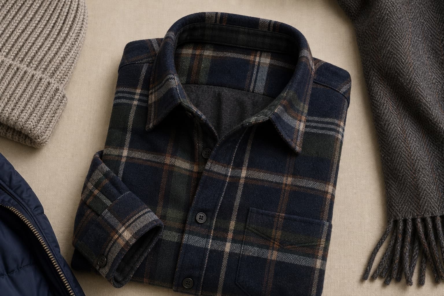 Navy and forest plaid flannel shirt folded with winter knit textures.