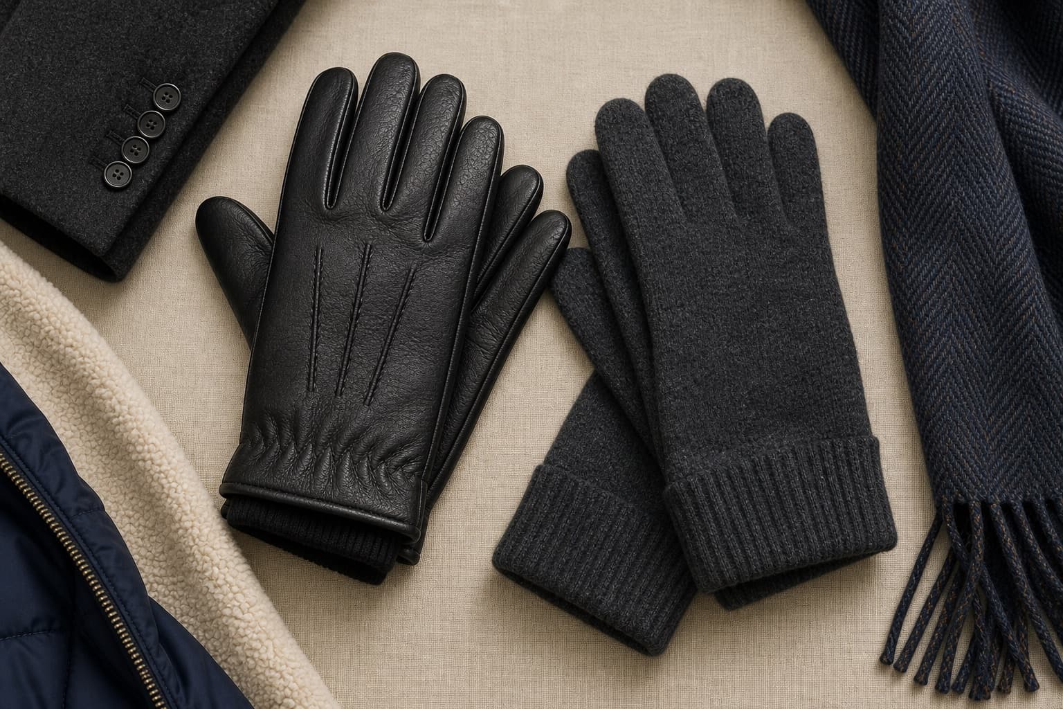Black leather gloves and charcoal wool gloves with winter coat texture.