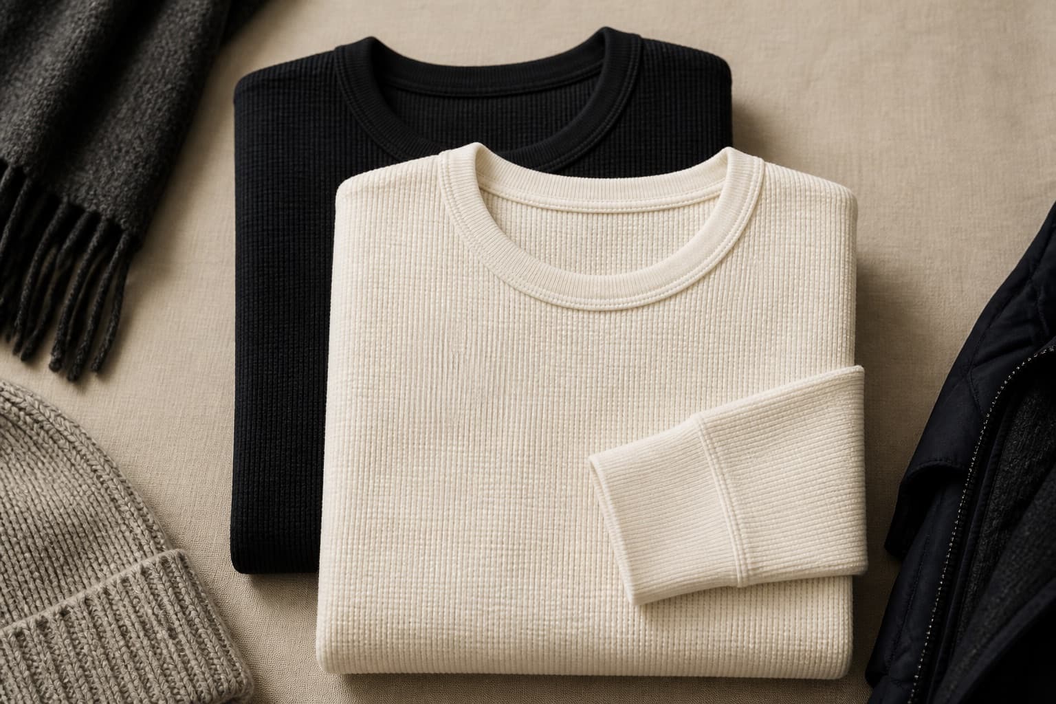 Heavyweight cream long-sleeve shirt and dark tee folded on a neutral surface.