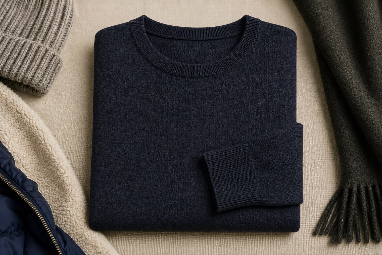 Fine-gauge merino crewneck folded on a neutral winter surface.