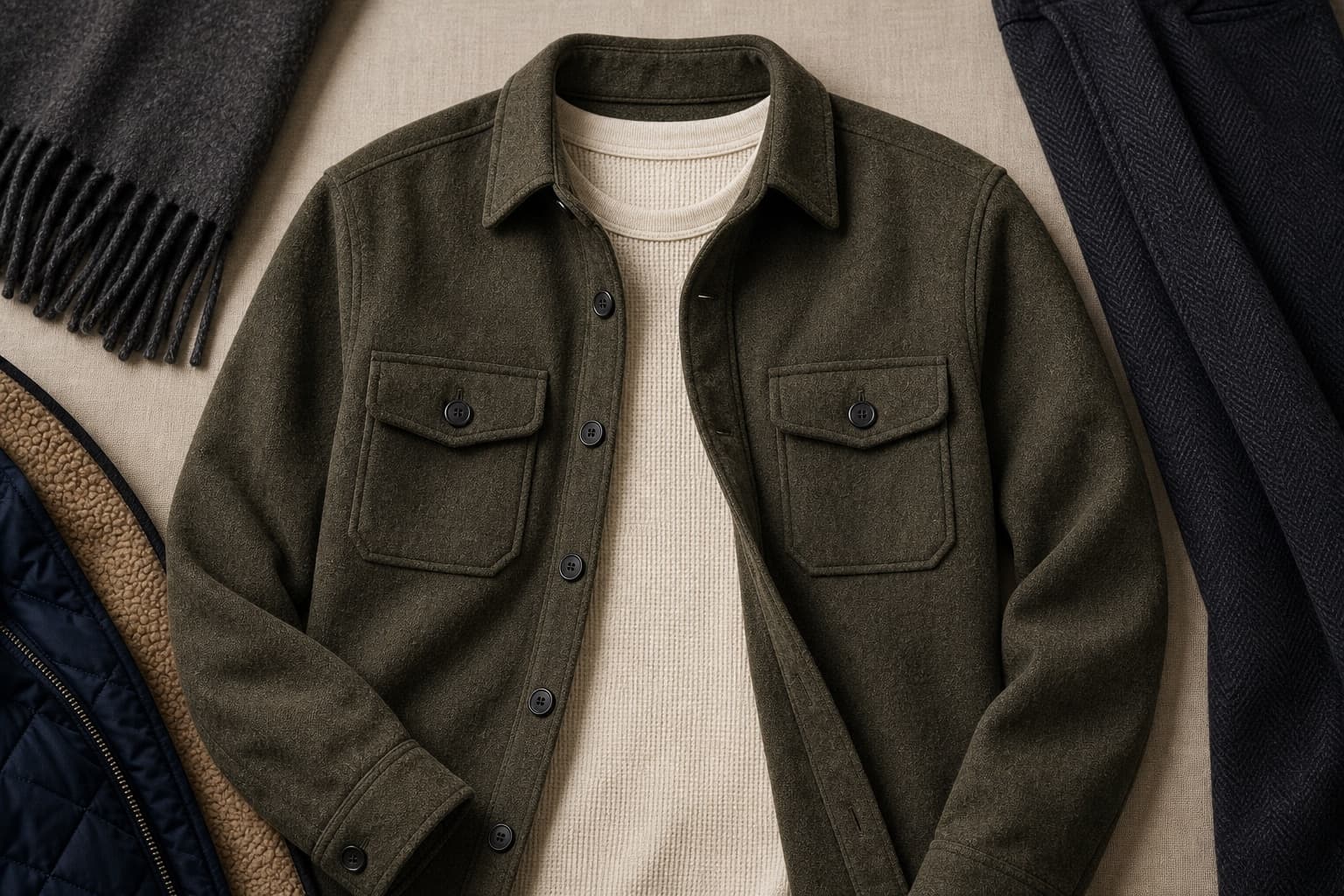 Olive overshirt layered over a cream thermal shirt.