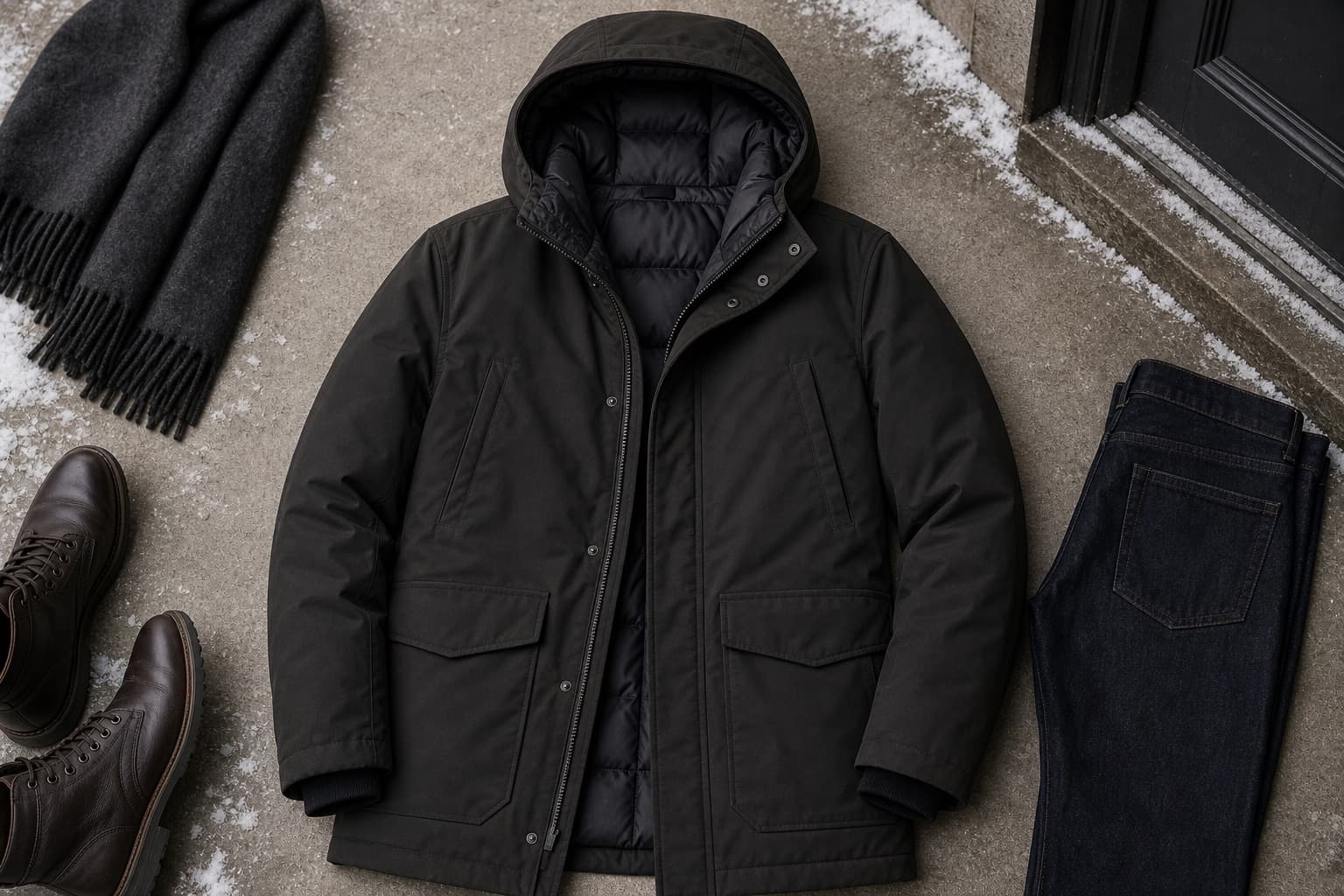 Matte dark parka with hood and structured winter shell.