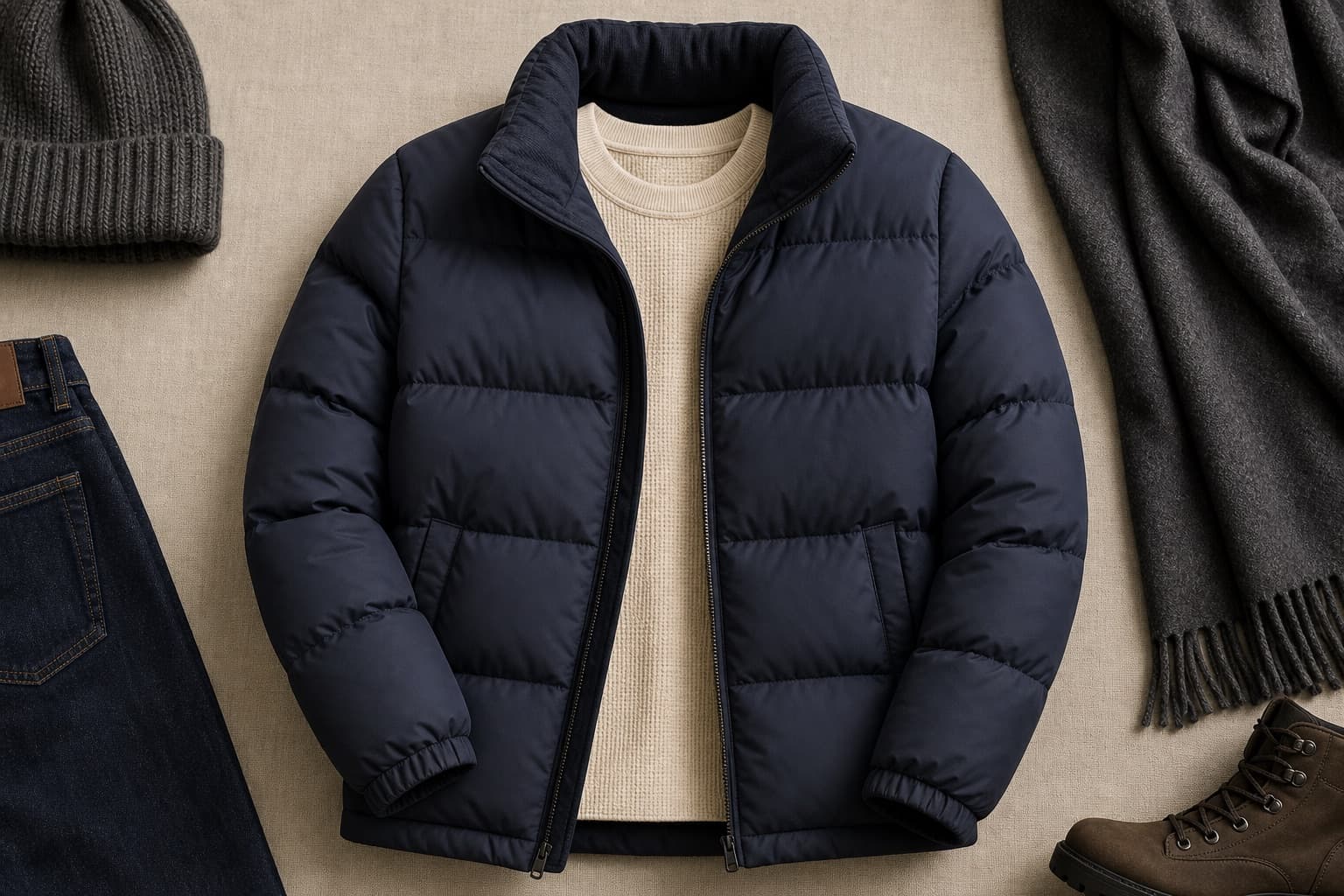 Matte navy puffer jacket with clean quilting and winter texture.