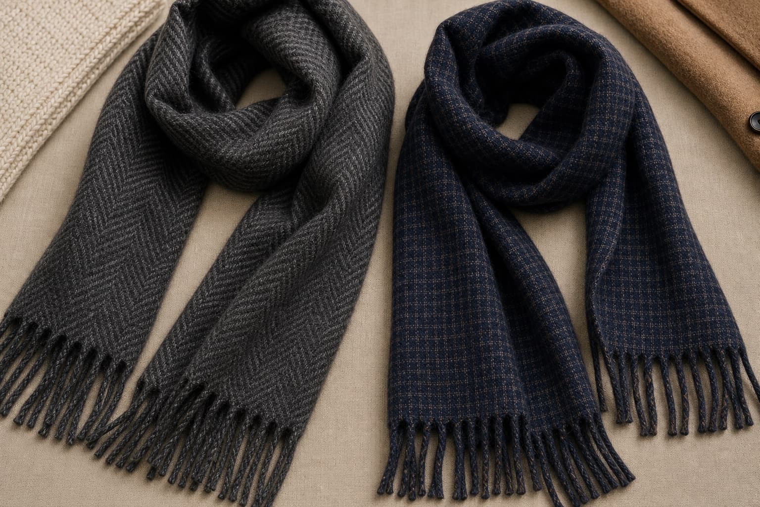 Charcoal and navy wool scarves showing herringbone texture and fringe.