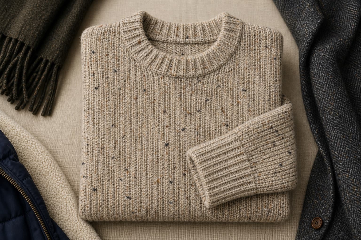 Chunky flecked wool sweater folded to show substantial knit texture.