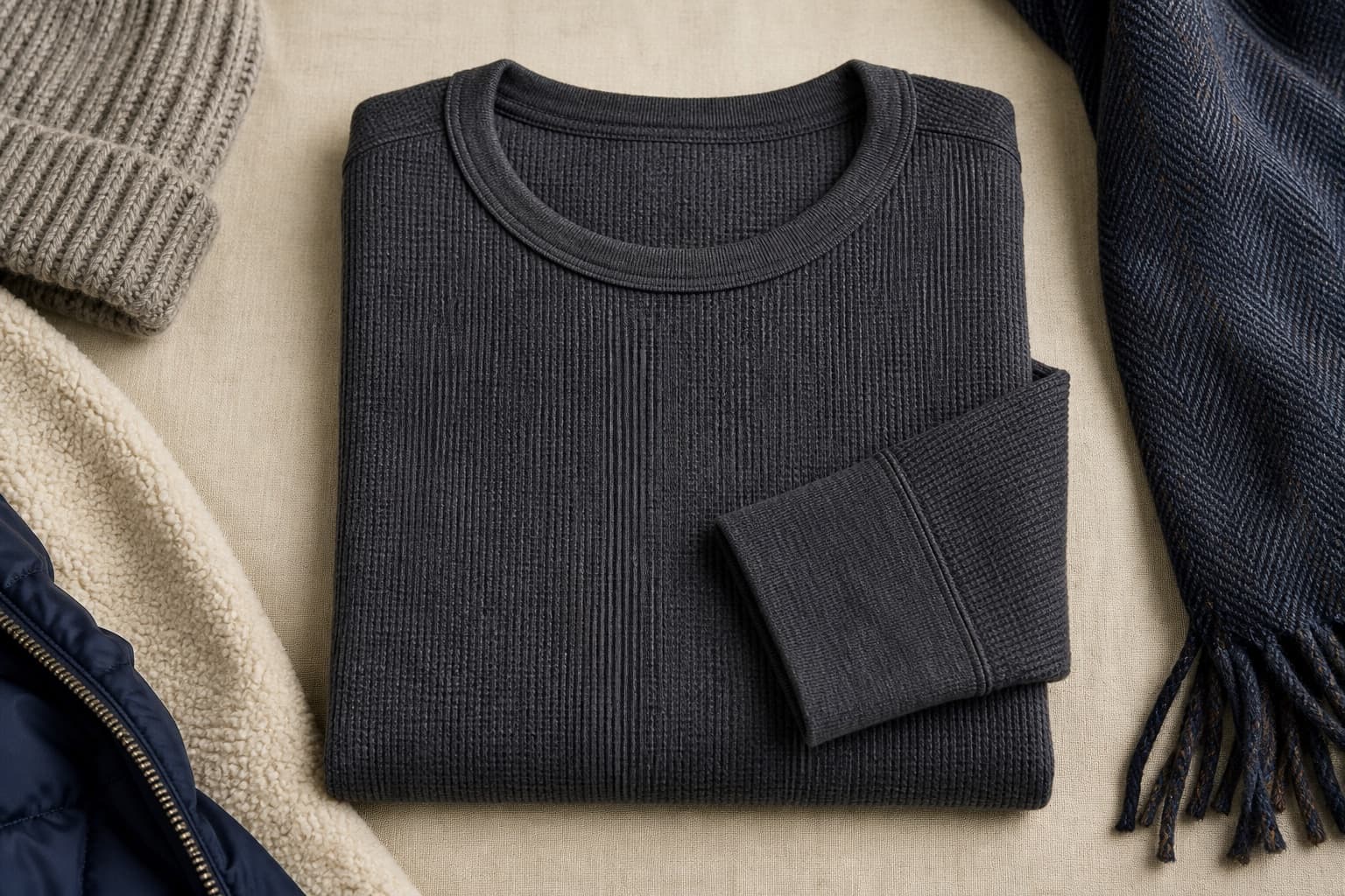 Charcoal ribbed thermal base layer folded with winter textures.