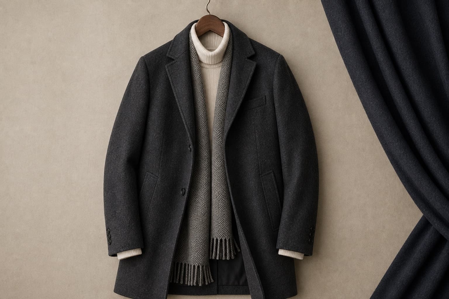 Charcoal wool topcoat with cream knit and gray scarf texture.