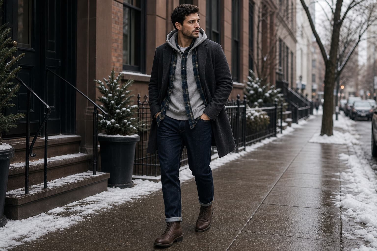 Budget winter layering outfit with hoodie, open flannel, jeans, clean boots, and warm coat.