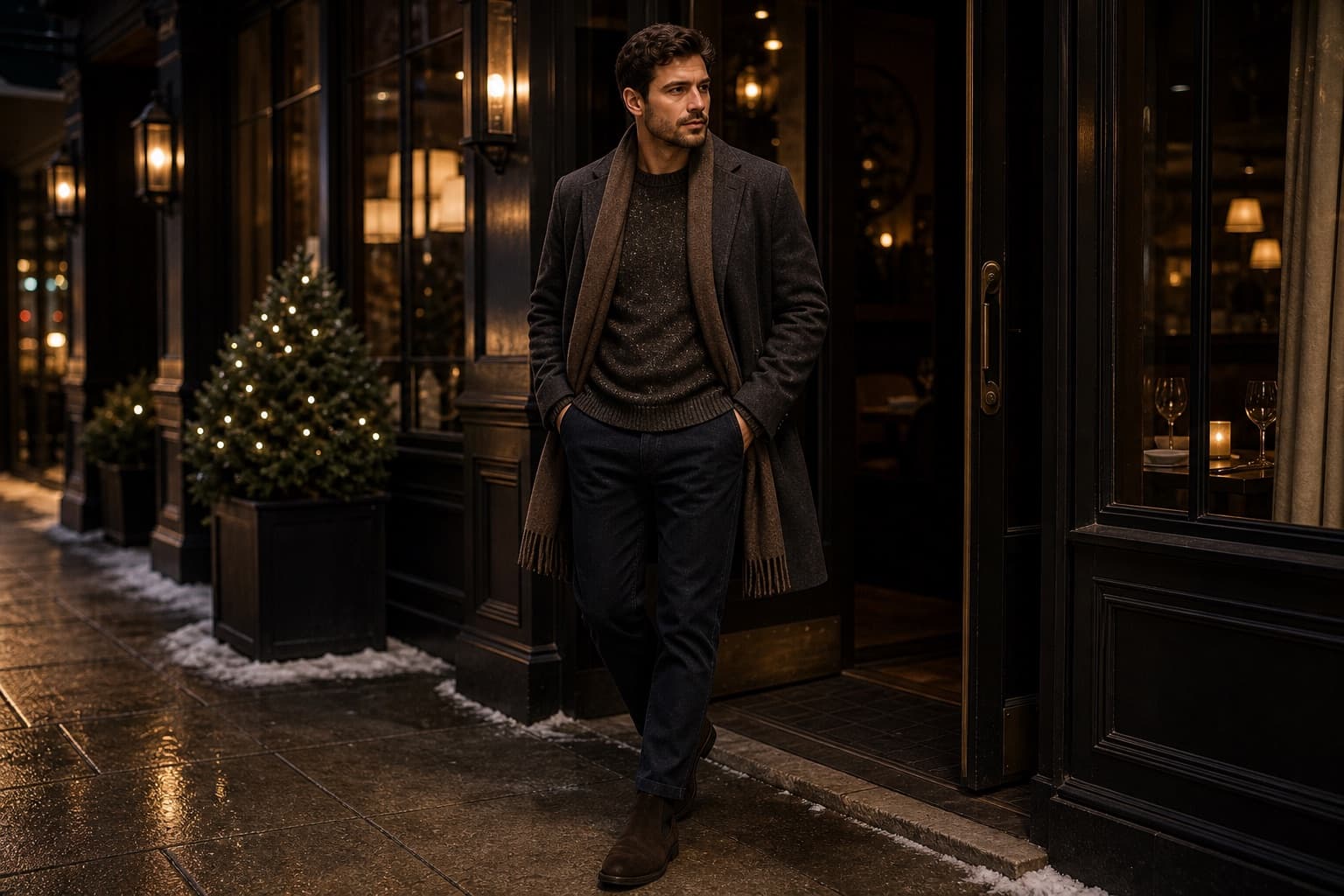 Date dinner winter outfit with textured wool sweater, topcoat, scarf, dark trousers, and boots.
