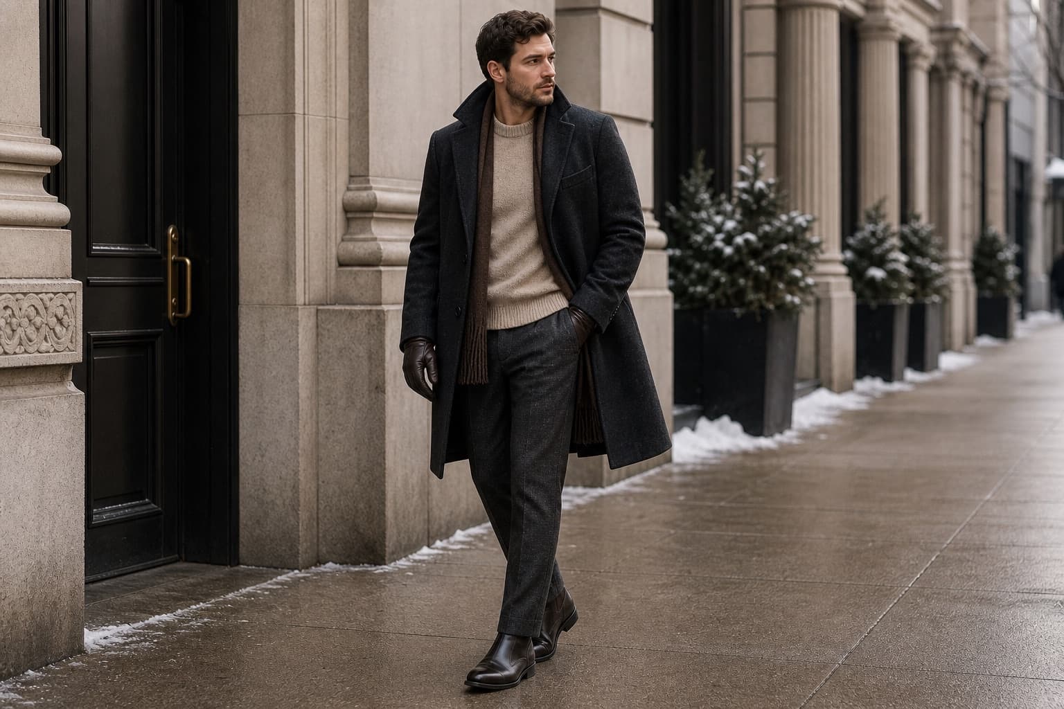 Elevated cold-weather outfit with cashmere knit, flannel trousers, leather gloves, heavy wool coat, and polished boots.