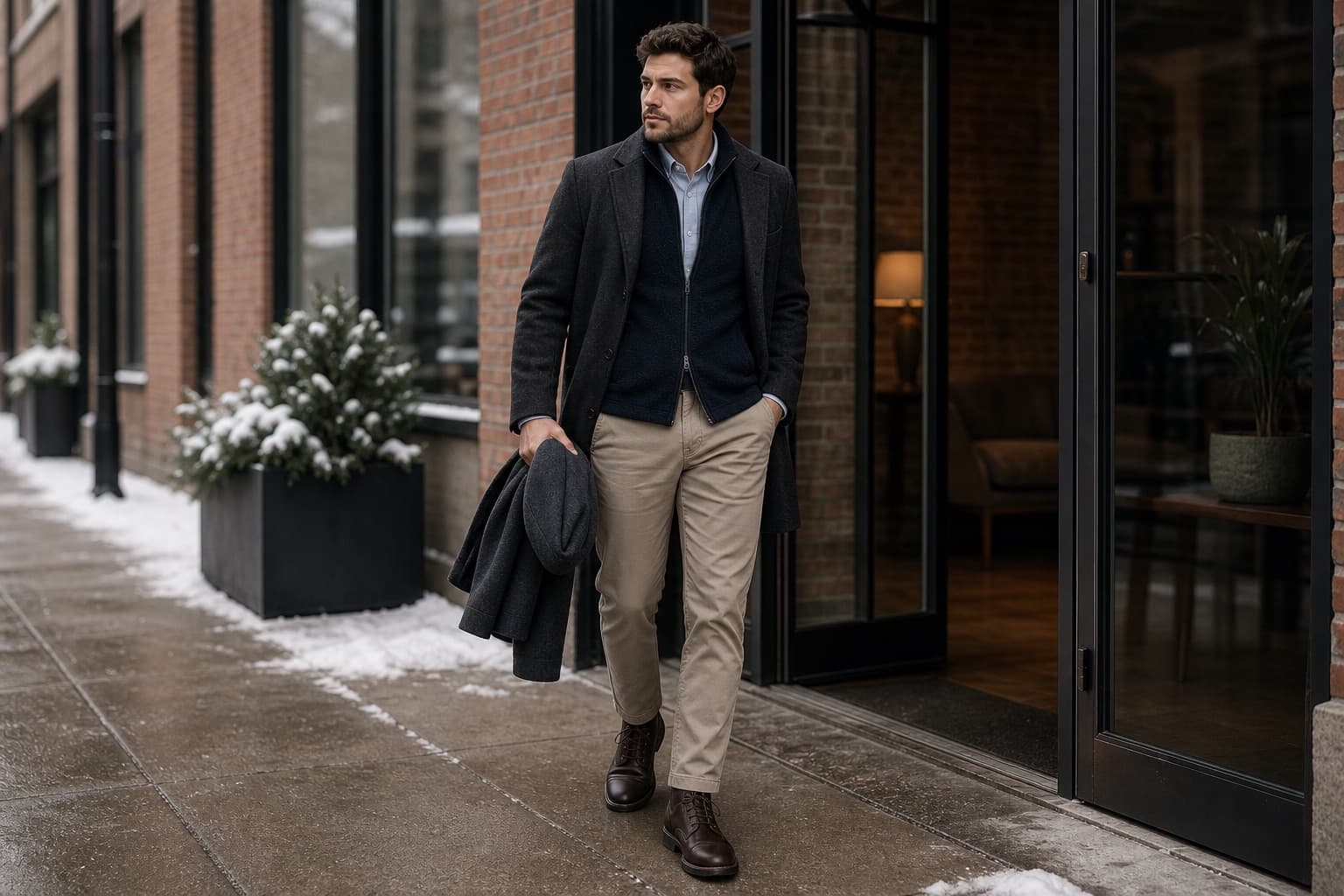 Hybrid office outfit with Oxford shirt, fleece vest, chinos, derby boots, and wool coat.