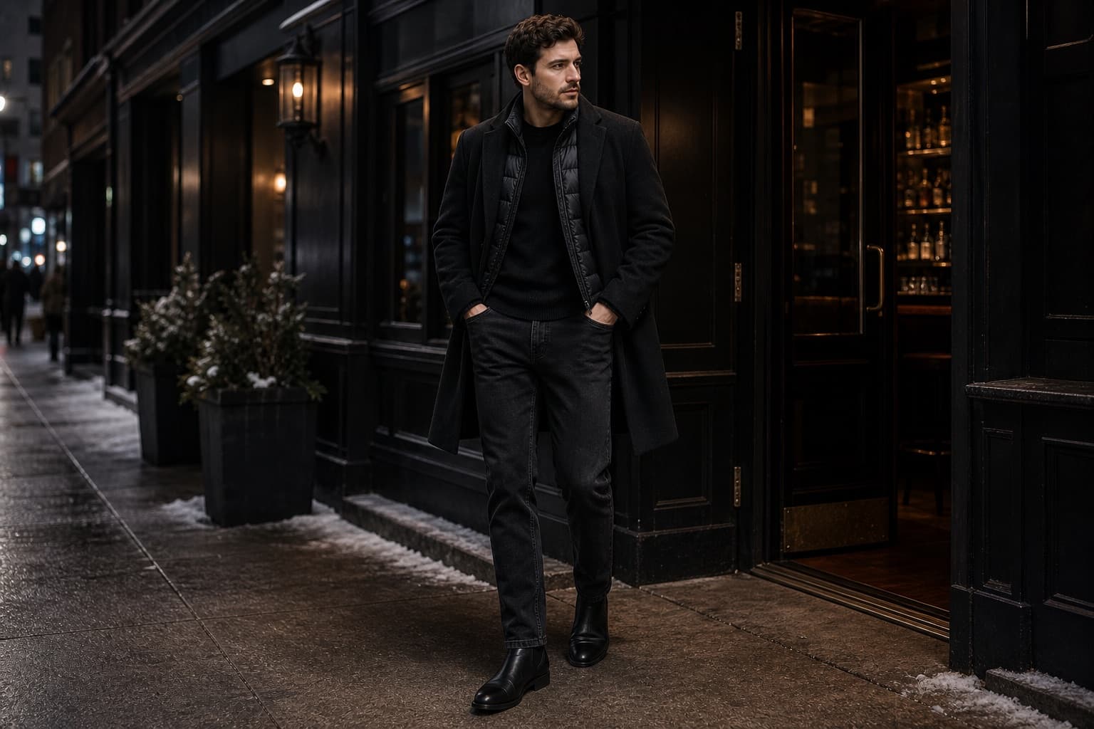 Dark winter night-out outfit with black knit layers, cropped puffer, washed black jeans, and boots.