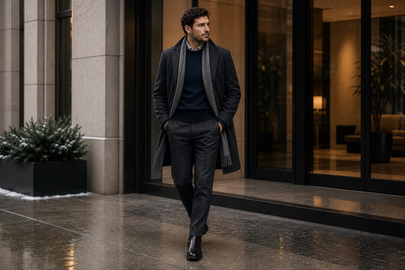 Polished cold-weather office outfit with merino crewneck, wool trousers, topcoat, scarf, and boots.