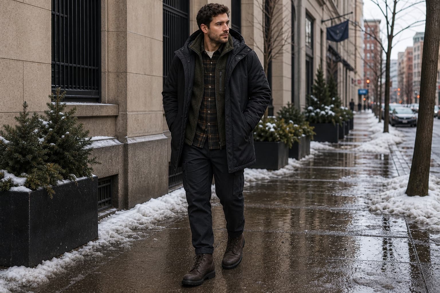 Snow and slush outfit with flannel, fleece, waterproof parka, straight pants, and waterproof boots.