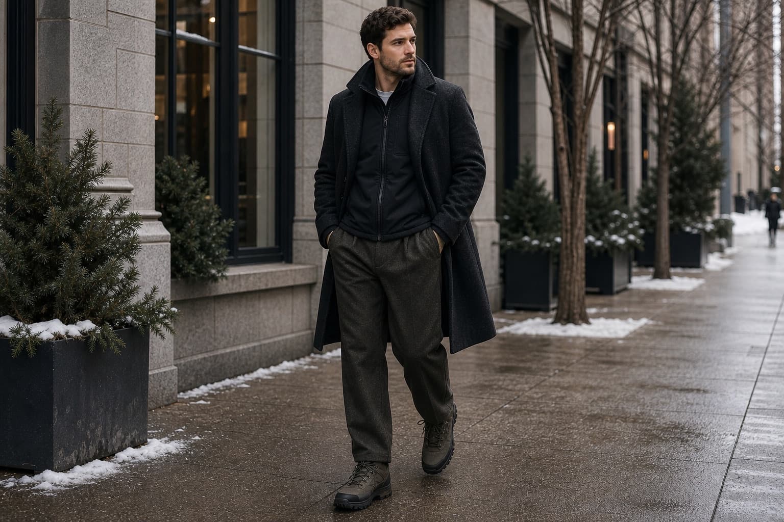 Modern winter outfit pairing technical fleece with a tailored topcoat, relaxed wool trousers, and rugged footwear.