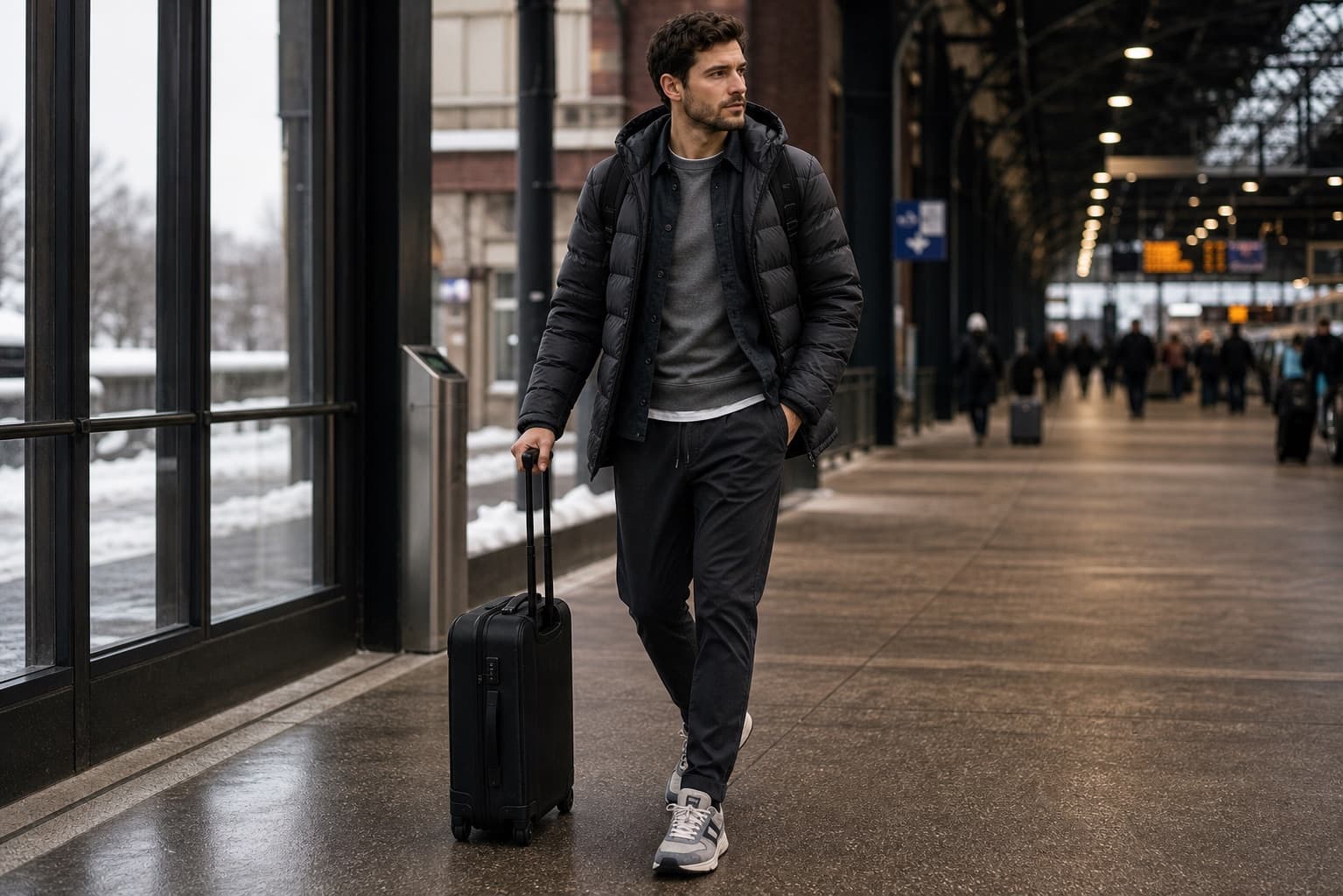 Cold-weather travel outfit with sweatshirt, nylon overshirt, drawstring trousers, sneakers, and packable puffer.