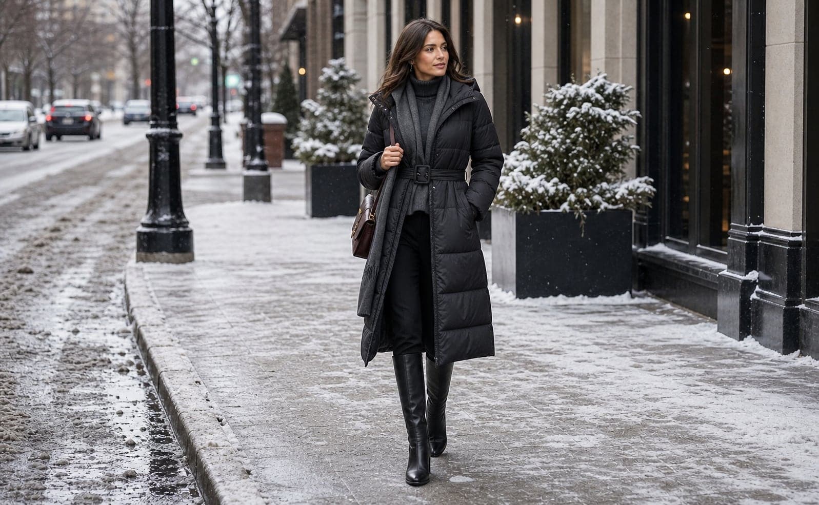 A woman in a belted black puffer coat, scarf, tall black boots, and winter city layers on a snowy sidewalk.