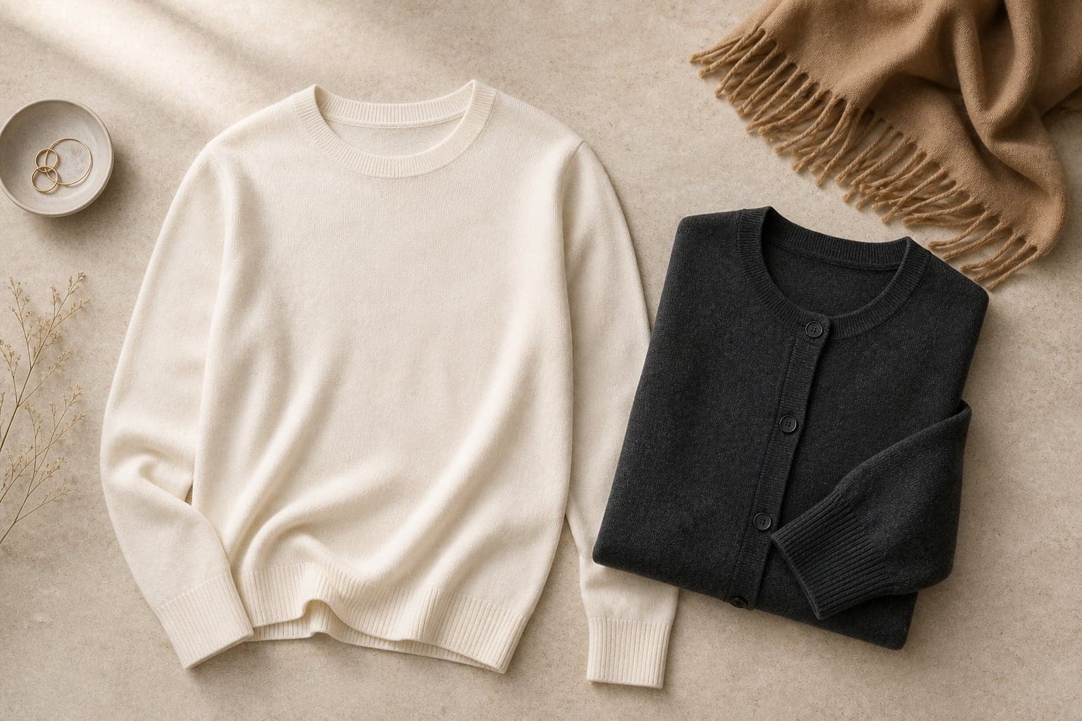 Cream and grey knit sweaters arranged in a winter flat lay with accessories.