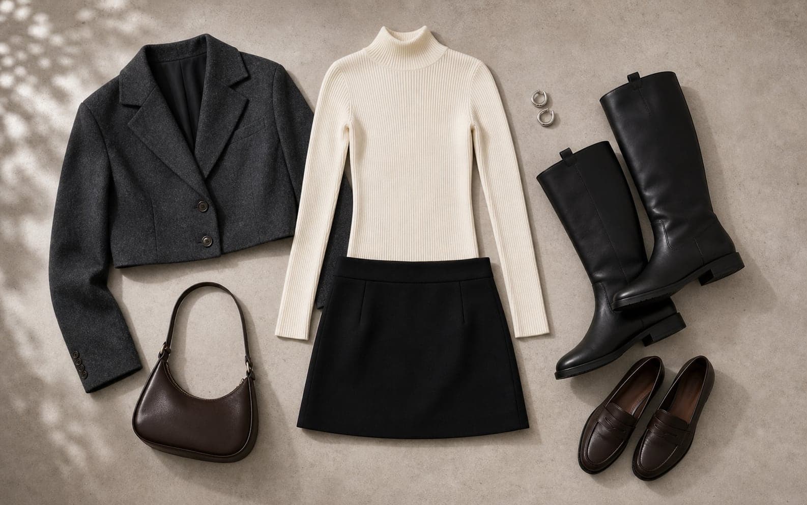 A fine black turtleneck styled with a cream coat, skirt, tall boots, and a structured bag.