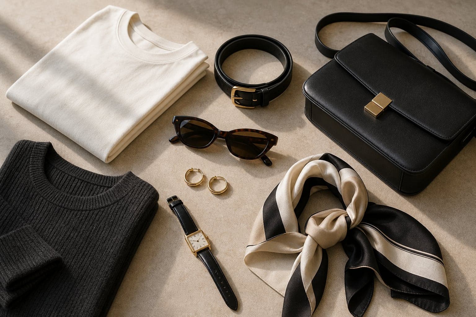 A winter accessory flat lay with a structured black bag, knit gloves, scarf, jewelry, and leather details.