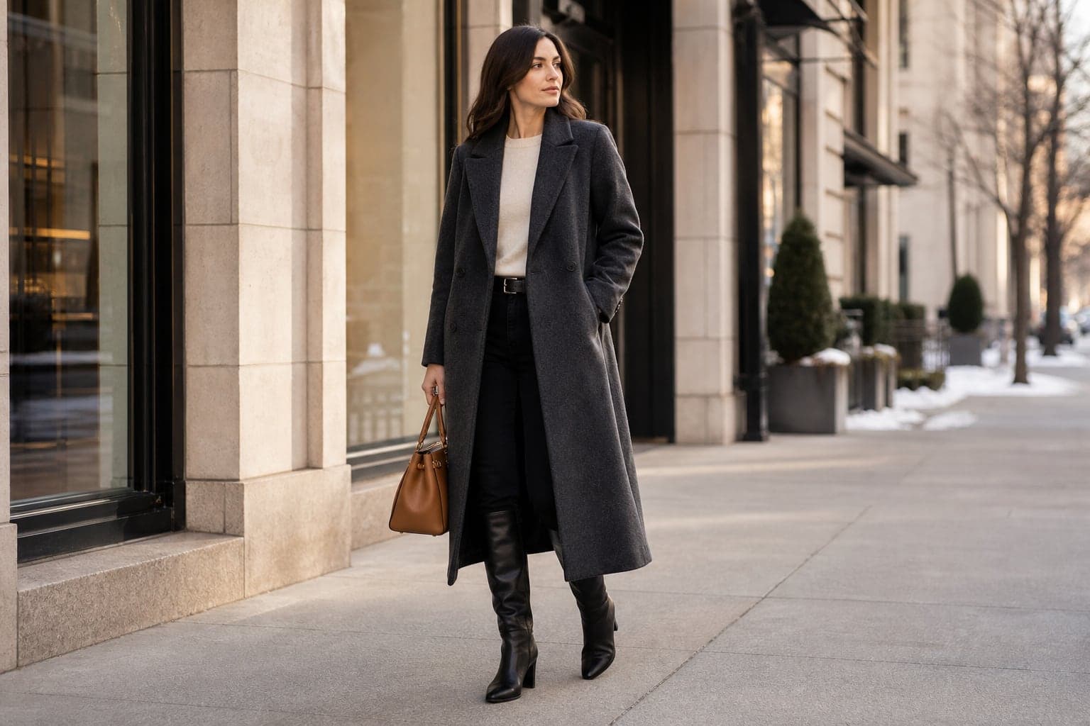 A woman wearing a long black wool coat with winter layers, dark trousers, leather boots, and a structured bag.