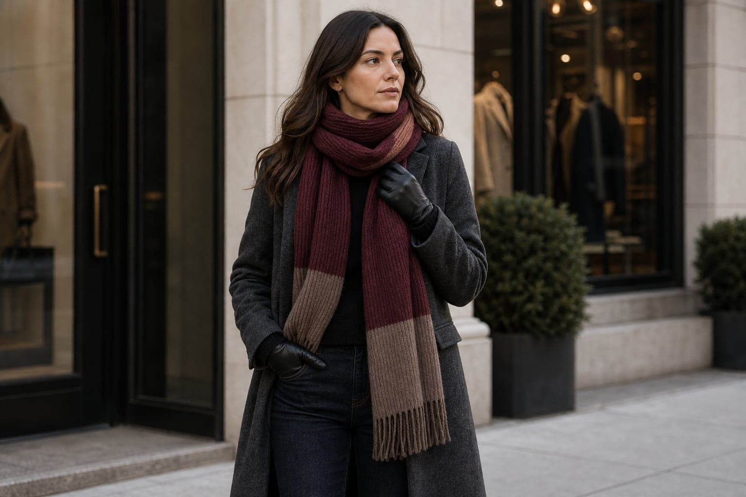 A burgundy and camel structured scarf worn with a charcoal wool coat, dark denim, and leather gloves.