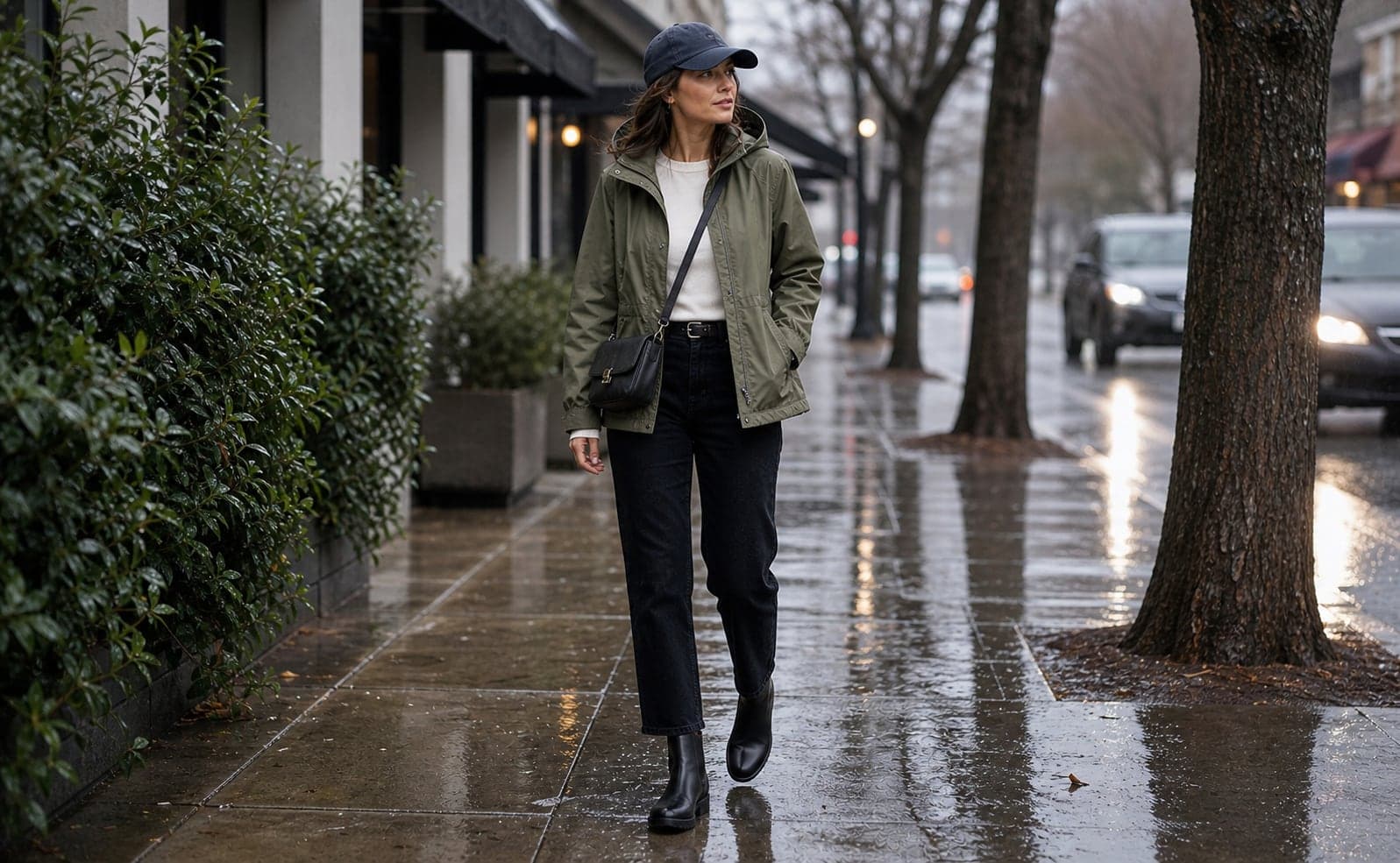 A woman wearing black weatherproof ankle boots, straight black denim, and a hooded olive winter jacket on a wet sidewalk.