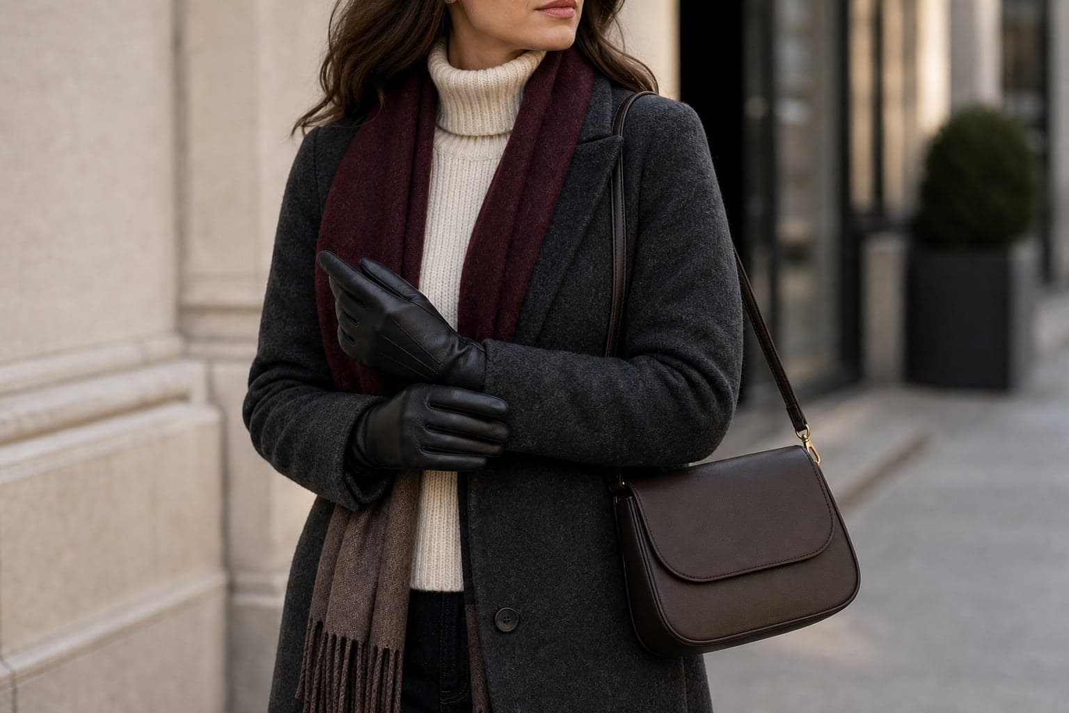 A woman in a dark long coat, cream knit, straight dark denim, scarf, and leather boots on a wet winter sidewalk.