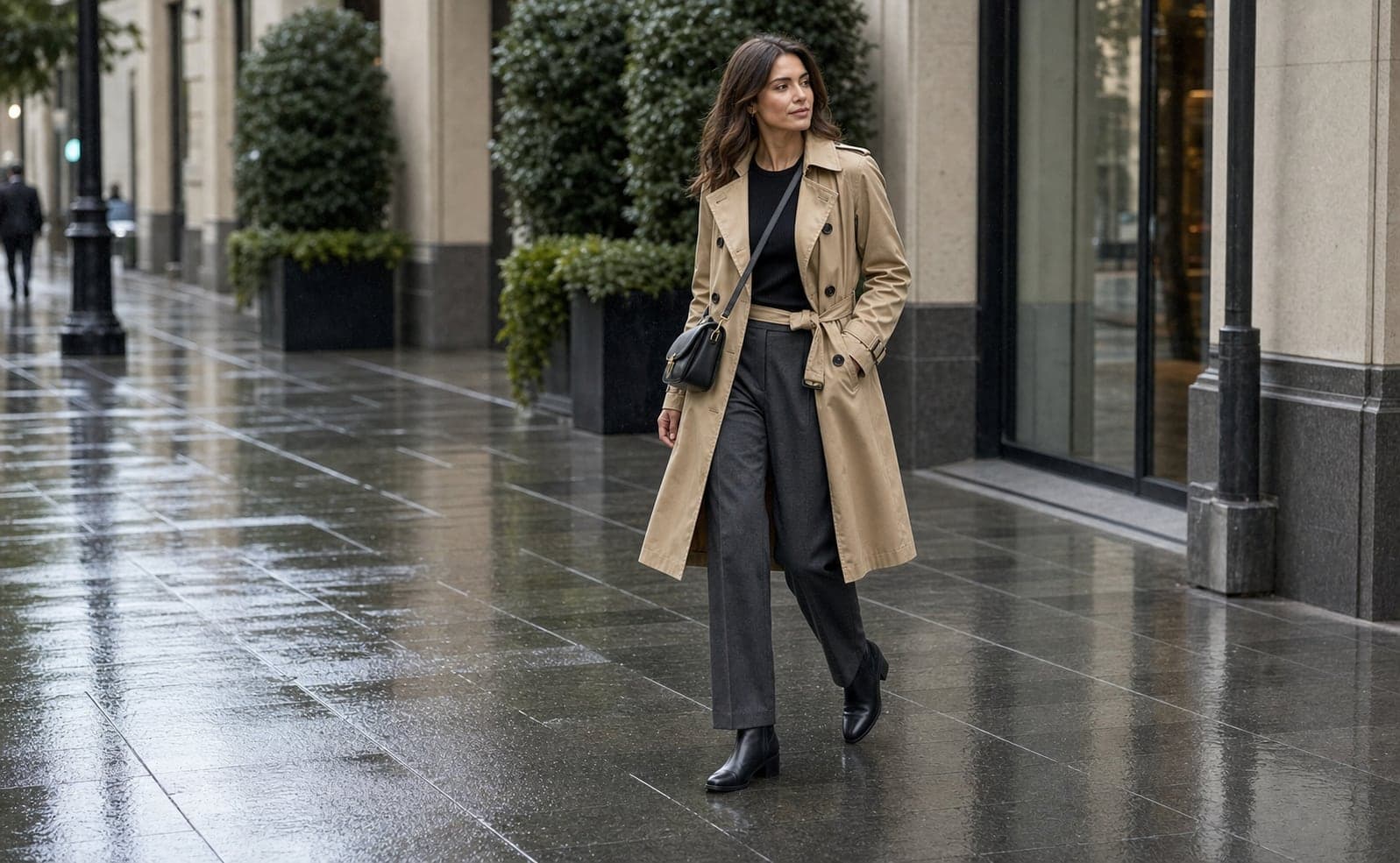 A woman in a long camel coat, black knit, charcoal trousers, black boots, and a structured crossbody bag on a wet sidewalk.