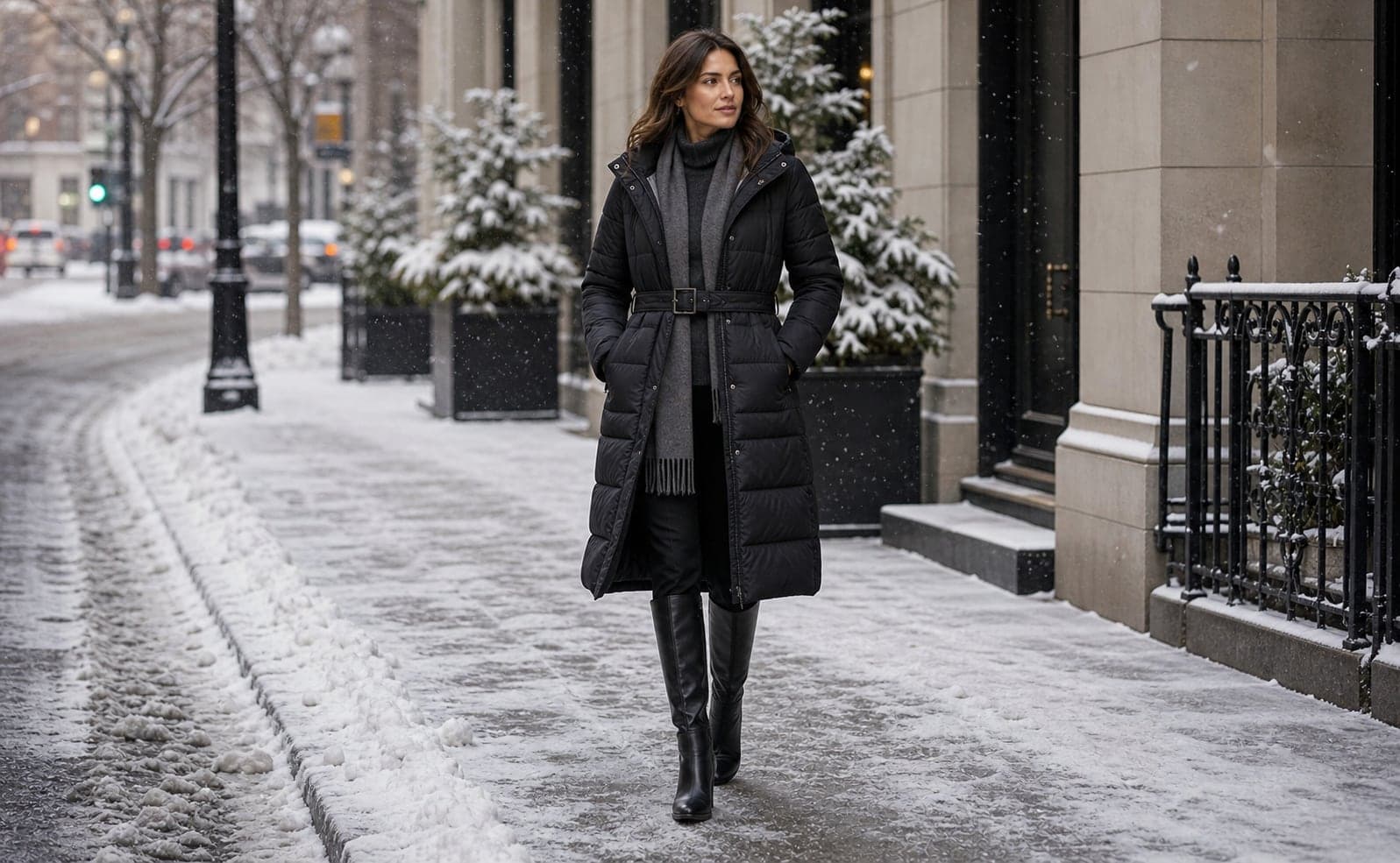 A woman in a belted black puffer coat, grey scarf, straight dark pants, and tall black boots on a snowy city sidewalk.