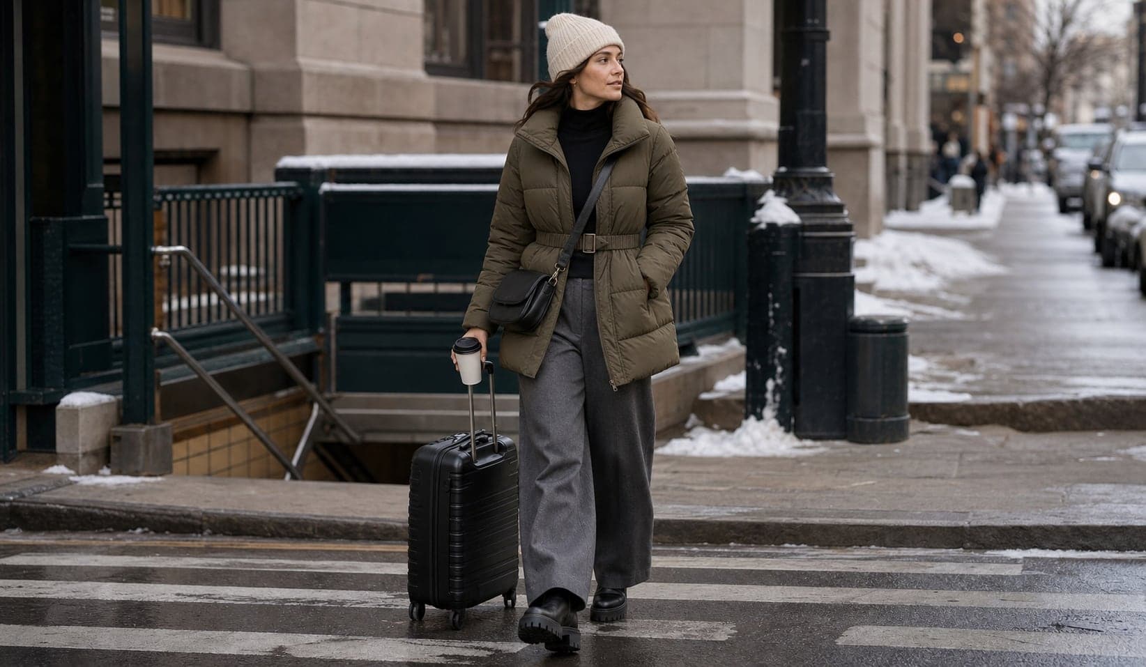 A woman in an olive belted puffer, wide grey trousers, lug boots, knit beanie, and crossbody bag with a carry-on suitcase.