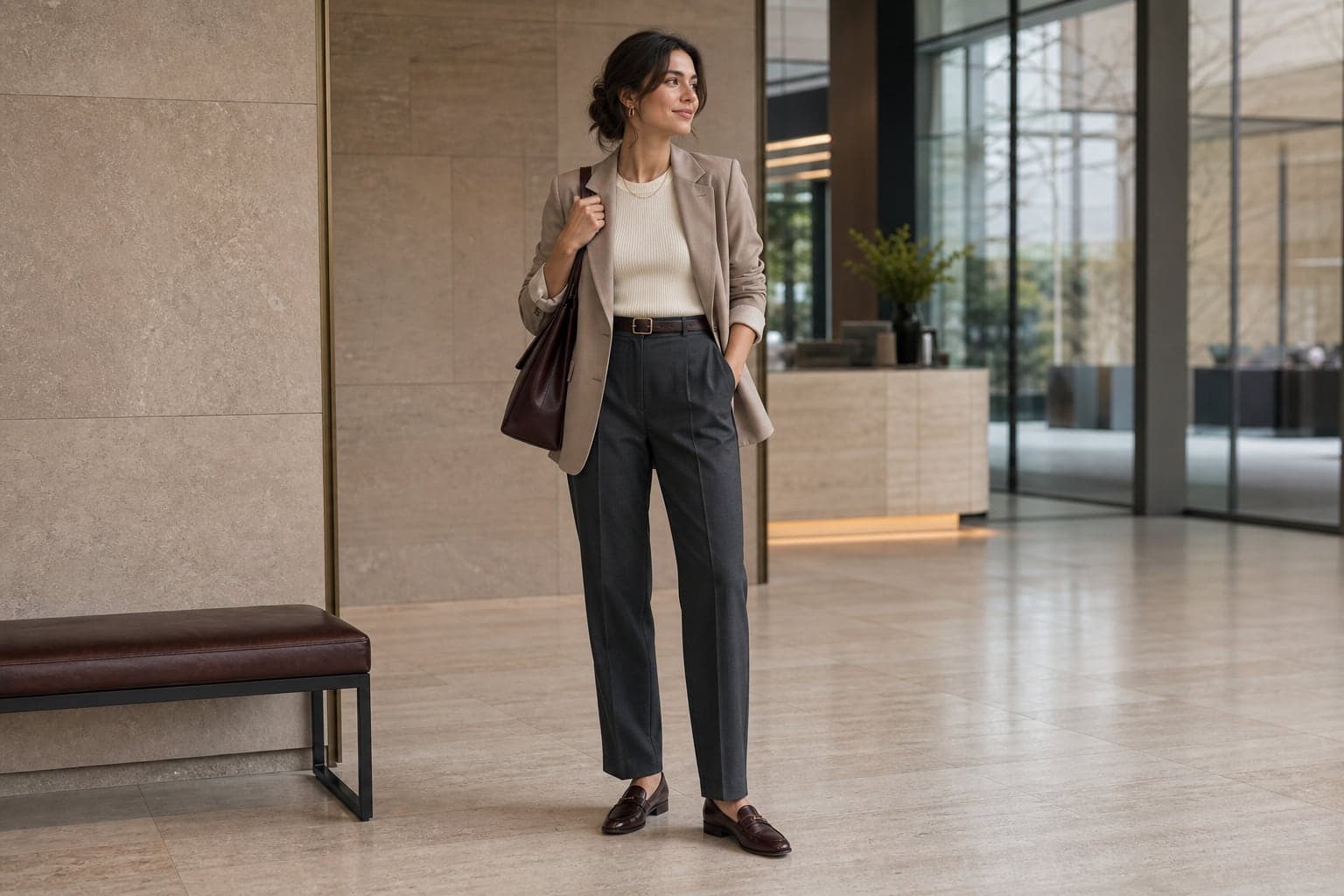 A woman in a cream fitted base layer, blazer, grey wool trousers, loafers, and a structured tote in an office lobby.