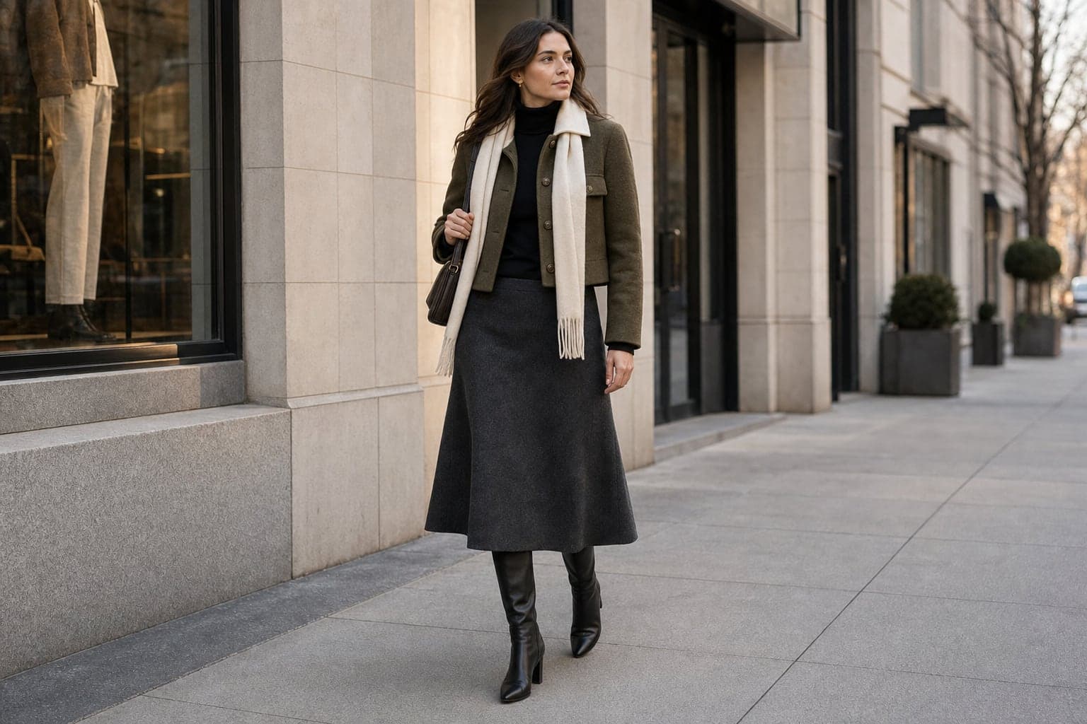 A woman wearing a cropped olive jacket, charcoal midi skirt, black turtleneck, cream scarf, and tall black boots.