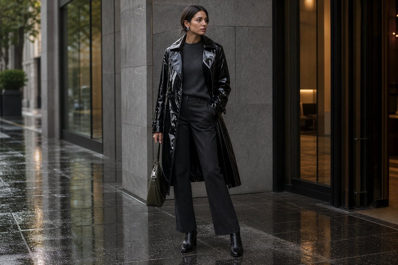 A glossy black trench styled with a matte knit, dark trousers, and ankle boots on a rainy city sidewalk.