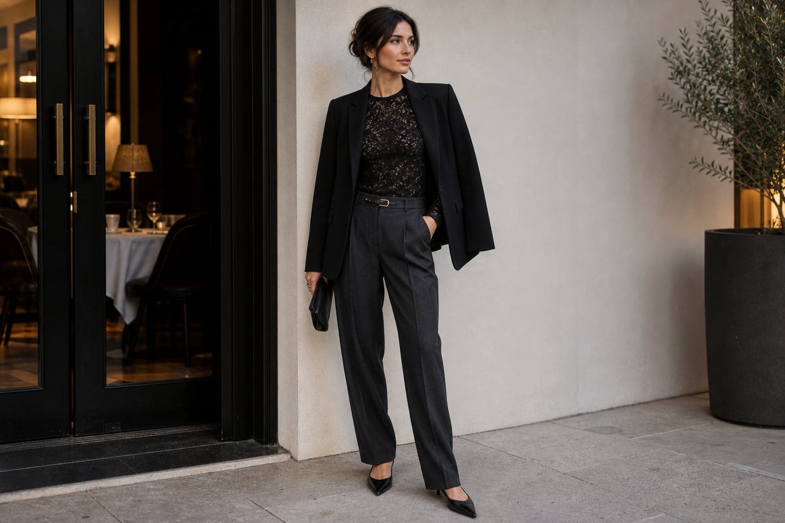 A fully lined black lace-overlay top styled with tailored trousers, a blazer, and pointed flats.