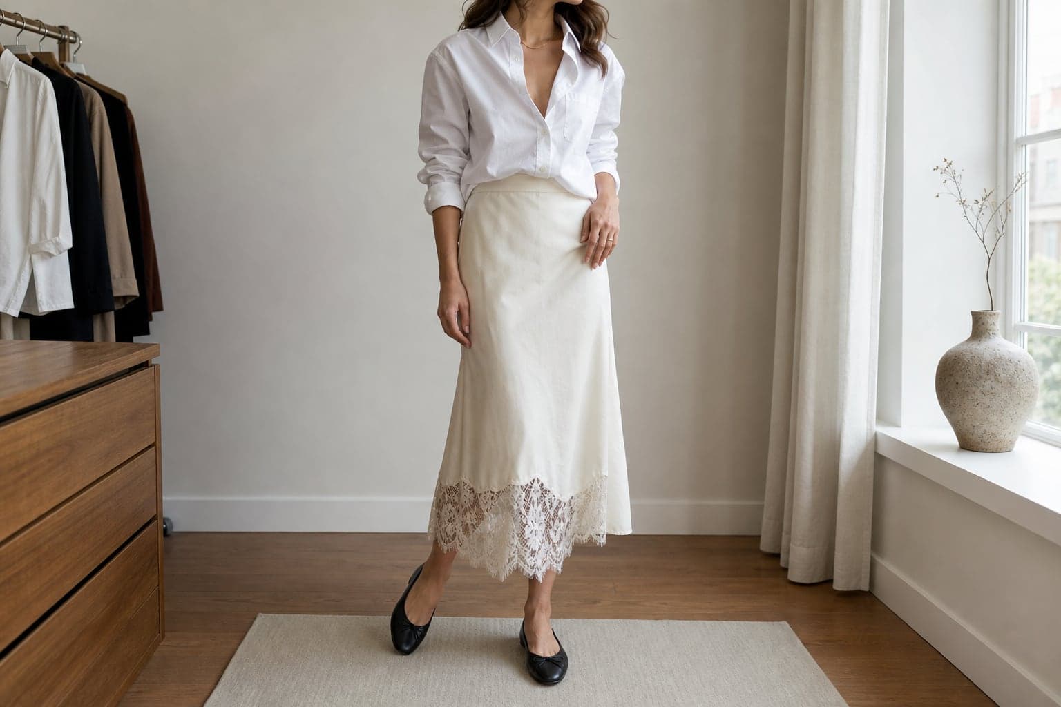 An ivory lace-trim midi skirt styled with a crisp white shirt and simple black flats.
