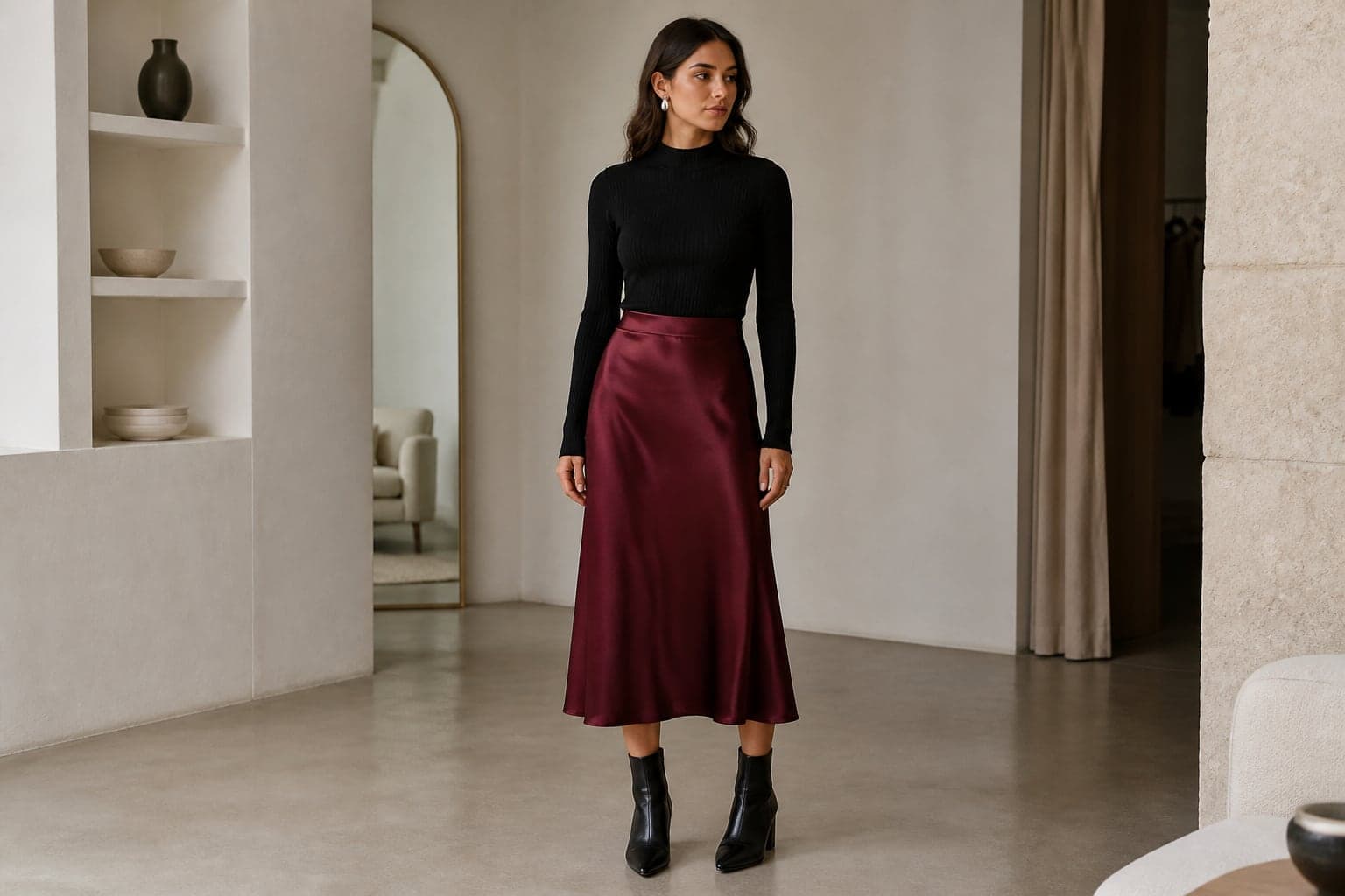 A woman wearing a burgundy satin midi skirt with a matte black ribbed knit top and simple black shoes.