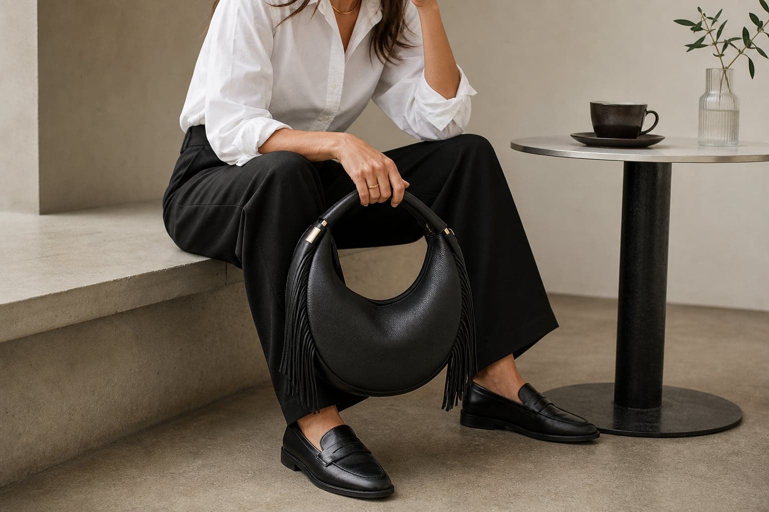 A woman in a white shirt and black trousers holding a sculptural black statement bag.