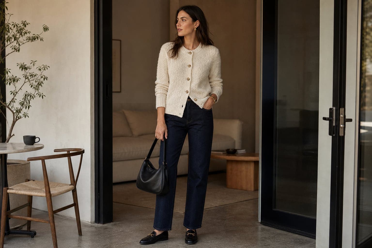 A cream textured cardigan worn with dark straight jeans and loafers.