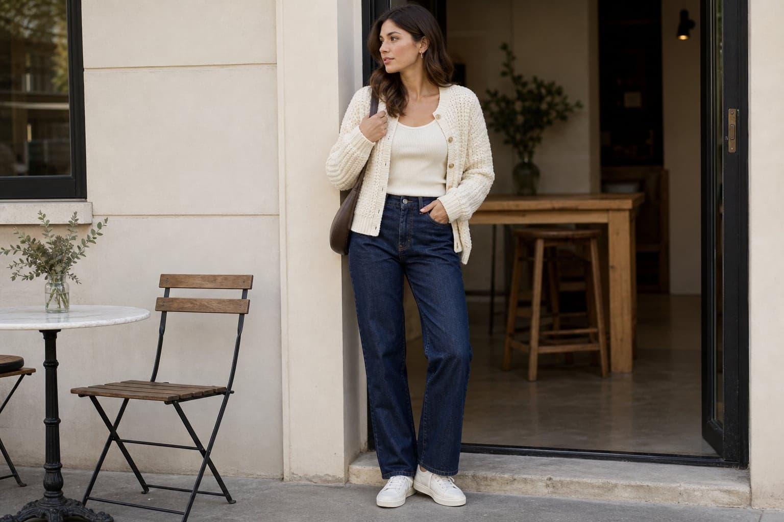 Straight-leg denim, a ribbed ivory tank, a textured cream cardigan, clean sneakers, and simple earrings.