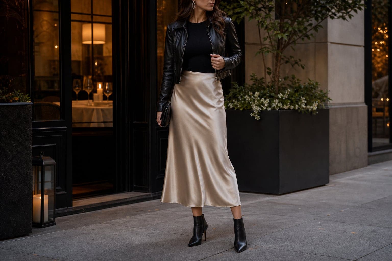 A champagne satin midi skirt with a matte fitted black knit, cropped leather jacket, and heeled boots.