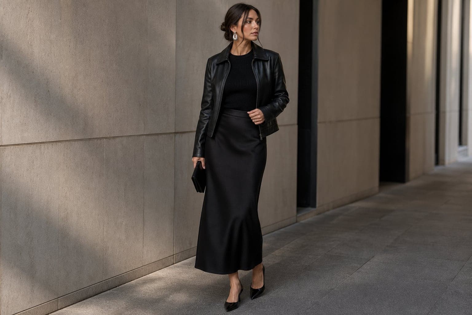 A black column skirt, black ribbed top, black leather jacket, and silver sculptural earrings.