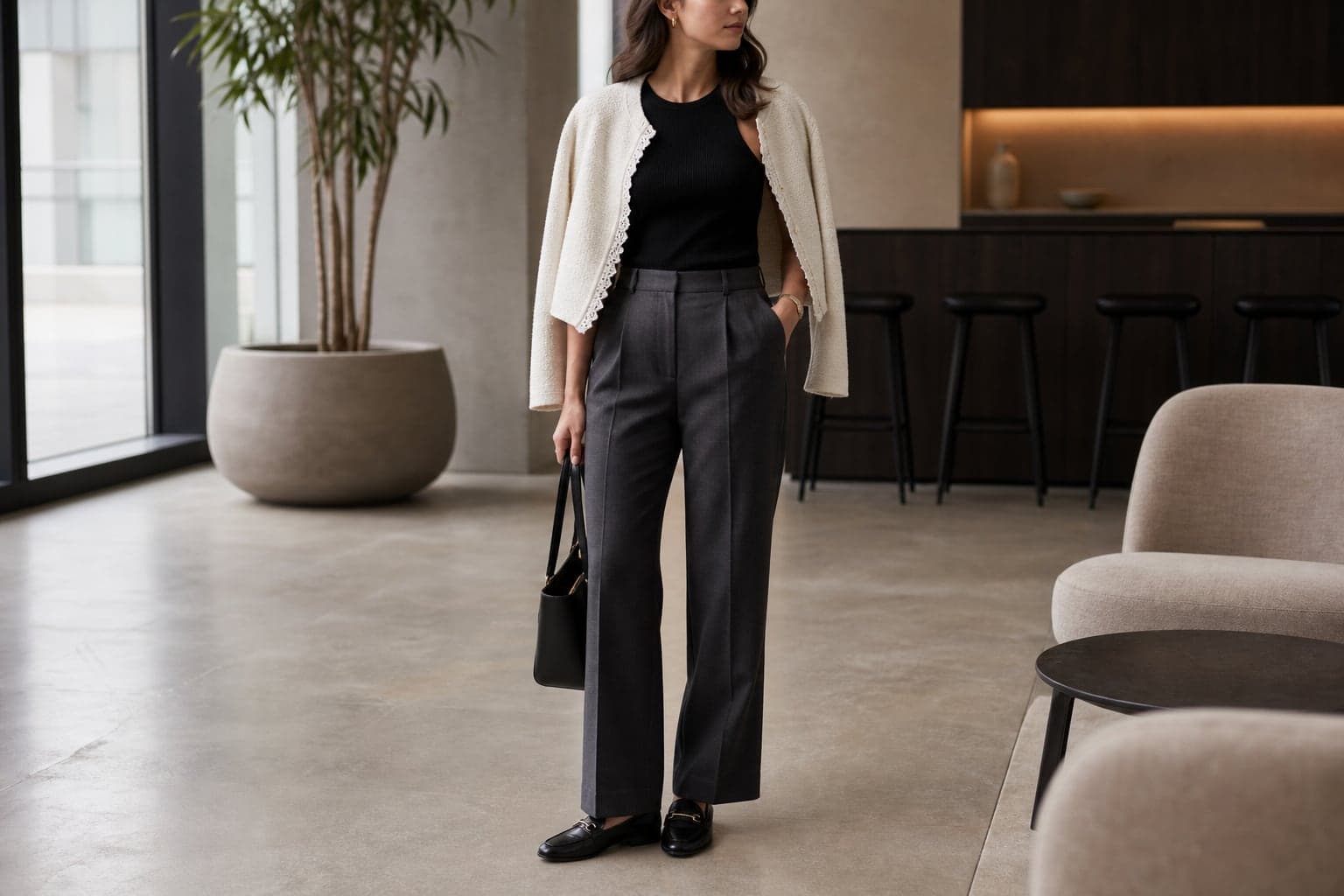 Tailored charcoal trousers with a sleeveless knit, subtle textured jacket, and polished loafers.