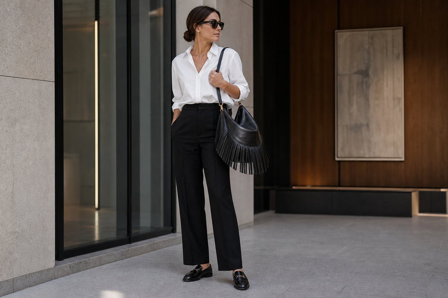 A white shirt, black trousers, loafers, and a sculptural black statement bag.