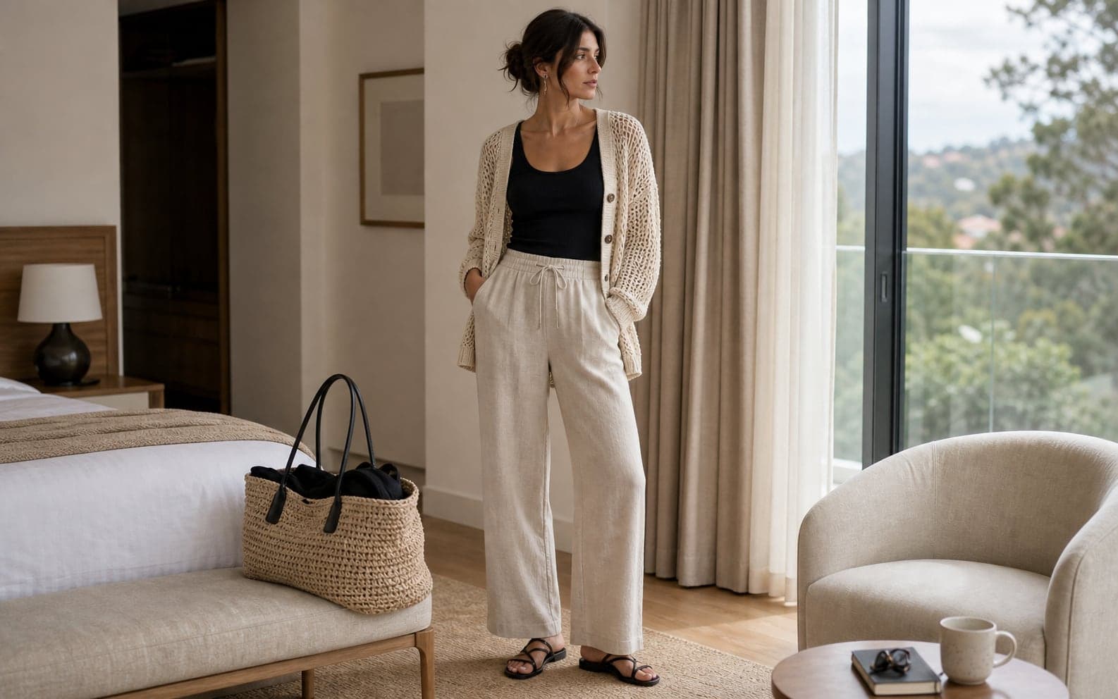 Linen trousers, a simple tank, open-weave cardigan, flat sandals, and a textured tote.