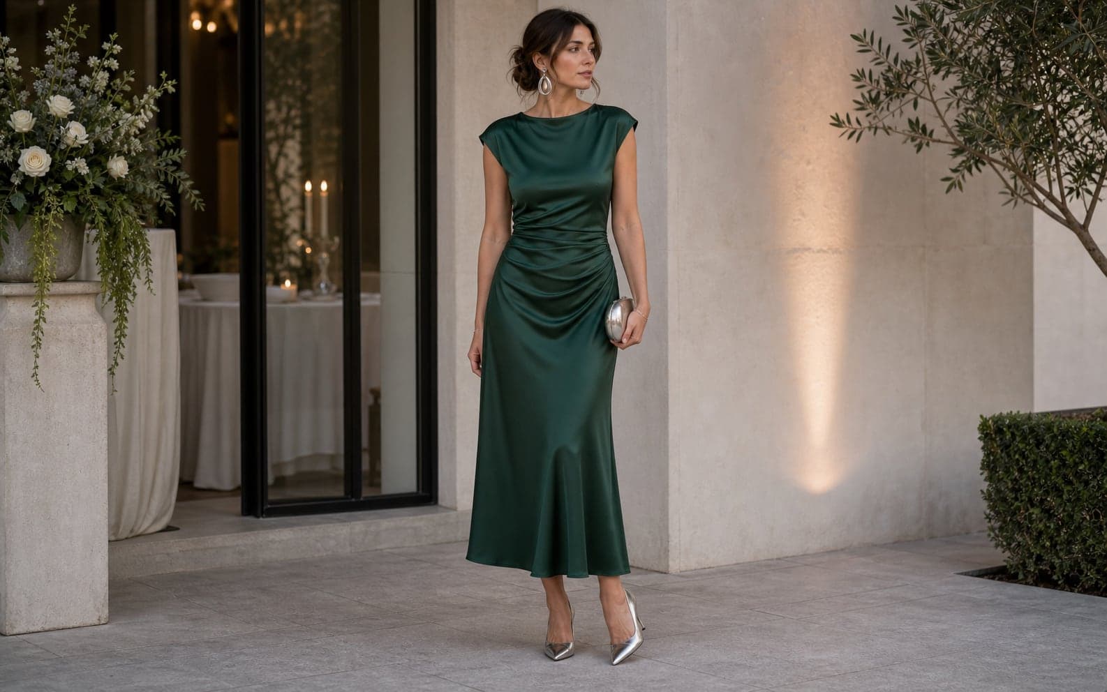 A polished satin or crepe midi dress with metallic shoes, sculptural earrings, and a small bag.