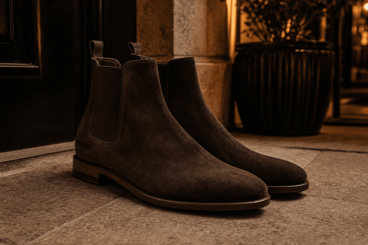 Dark brown suede boots angled under warm restaurant-entry lighting.