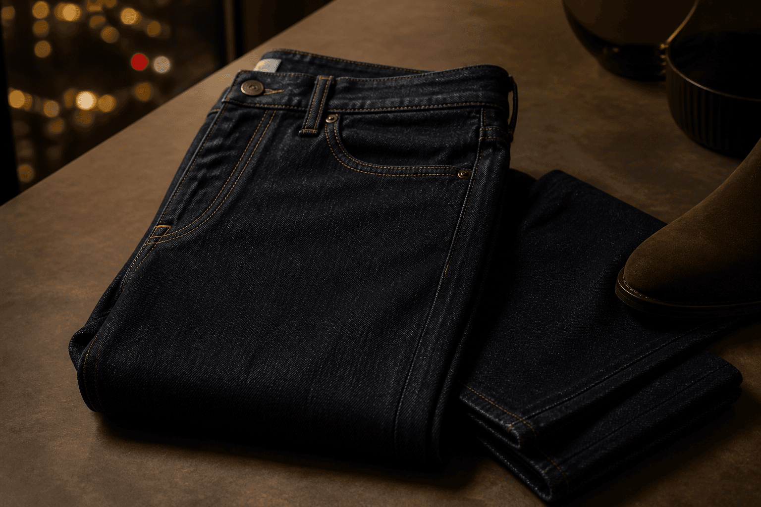 Dark indigo straight jeans folded on a warm tabletop beside a brown suede boot.