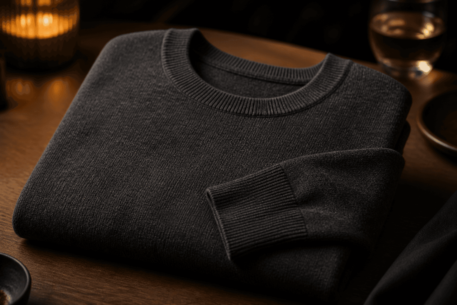 A charcoal fine-gauge sweater folded to show its neckline and ribbed collar.