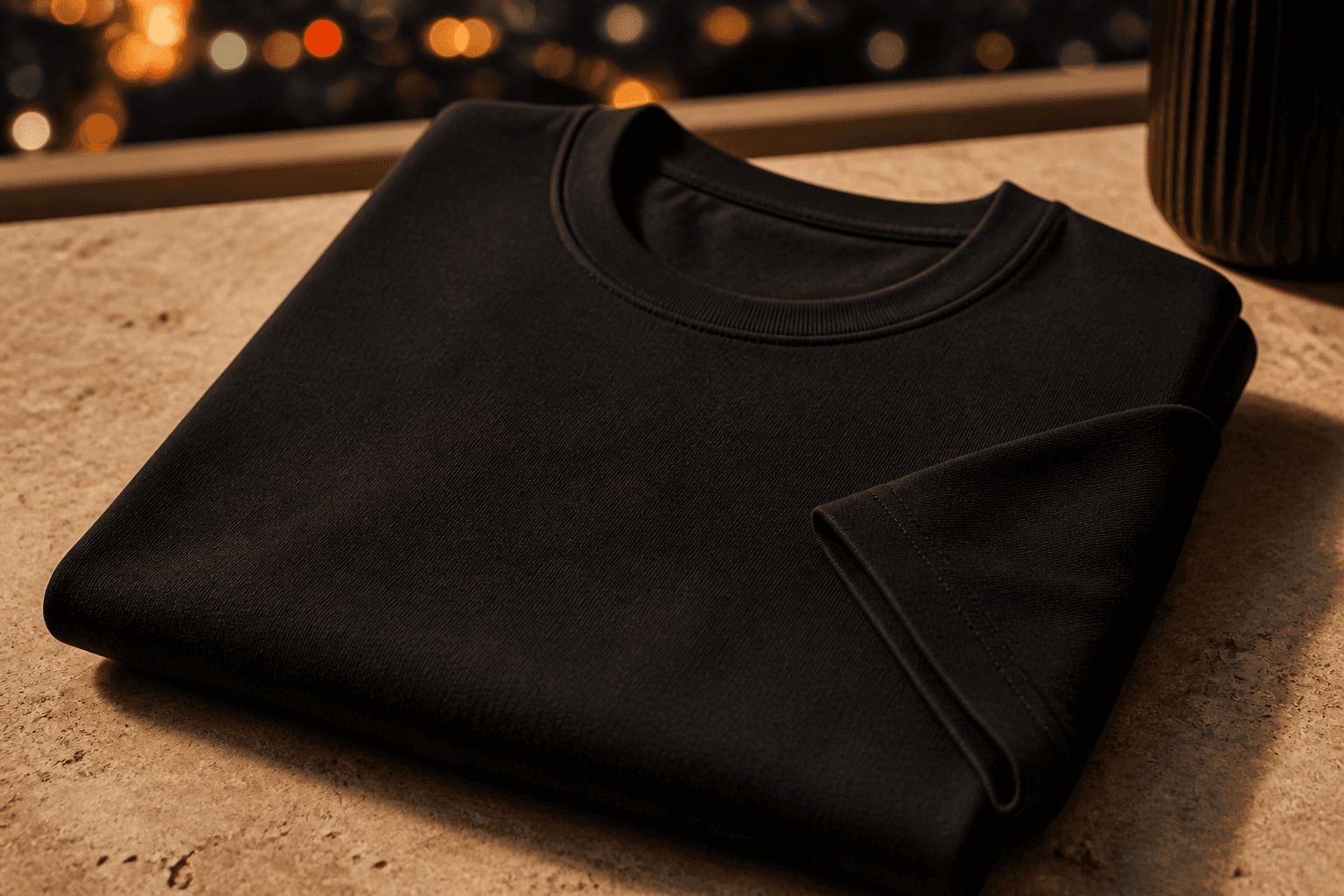A structured black heavyweight cotton T-shirt folded on a warm stone surface.